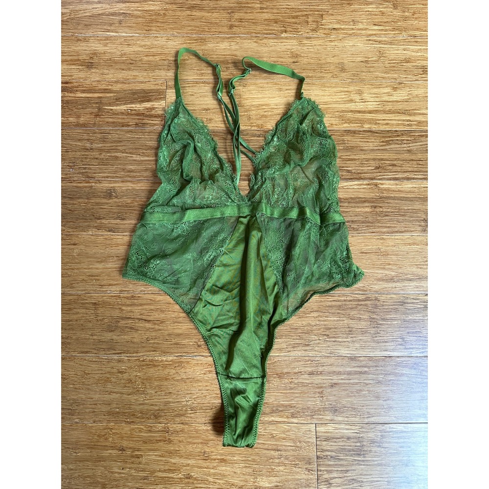 Earthy Boudoir Lace Satin Bodysuit Womens Medium Green Strappy V-Neck Teddy - Picture 1 of 3